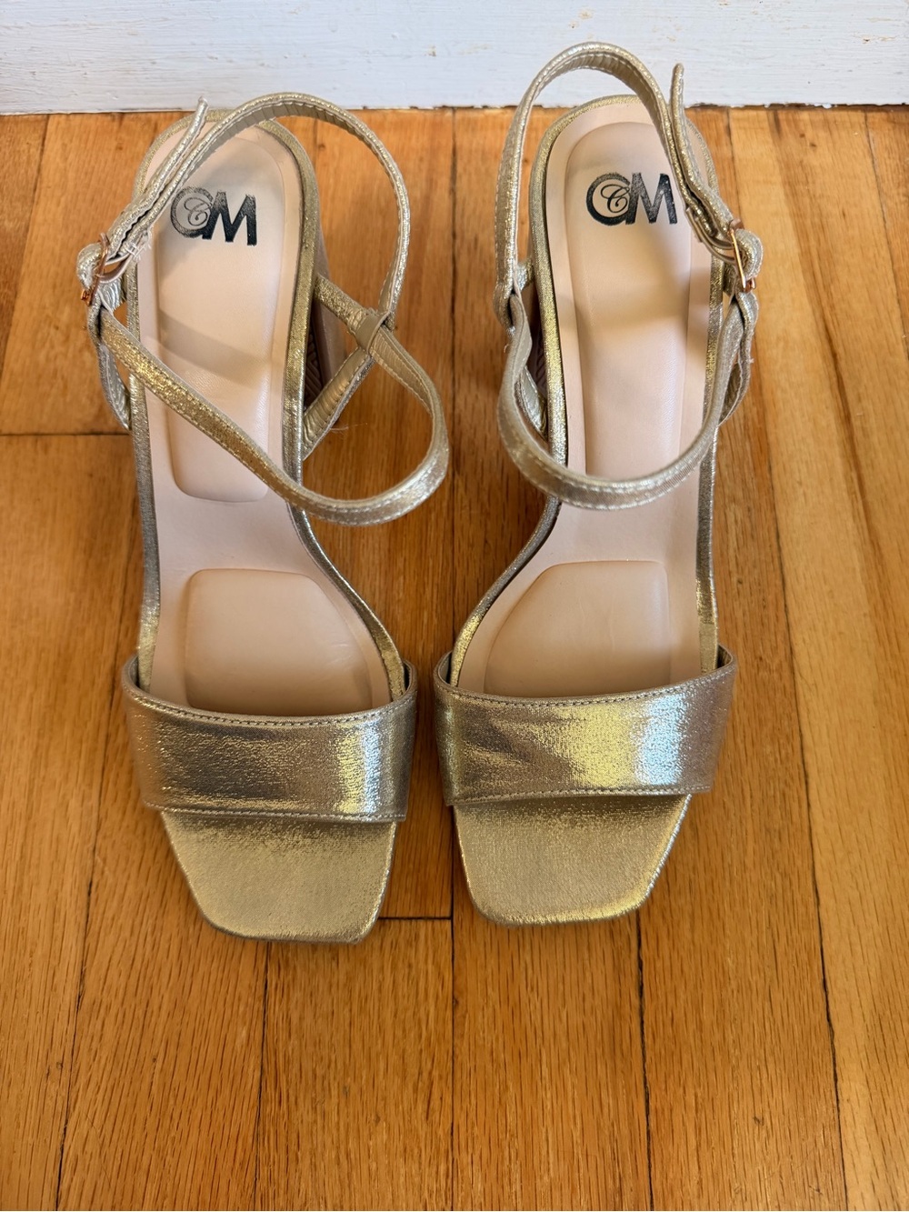 Metallic Gold Strappy Block Heel Sandals by